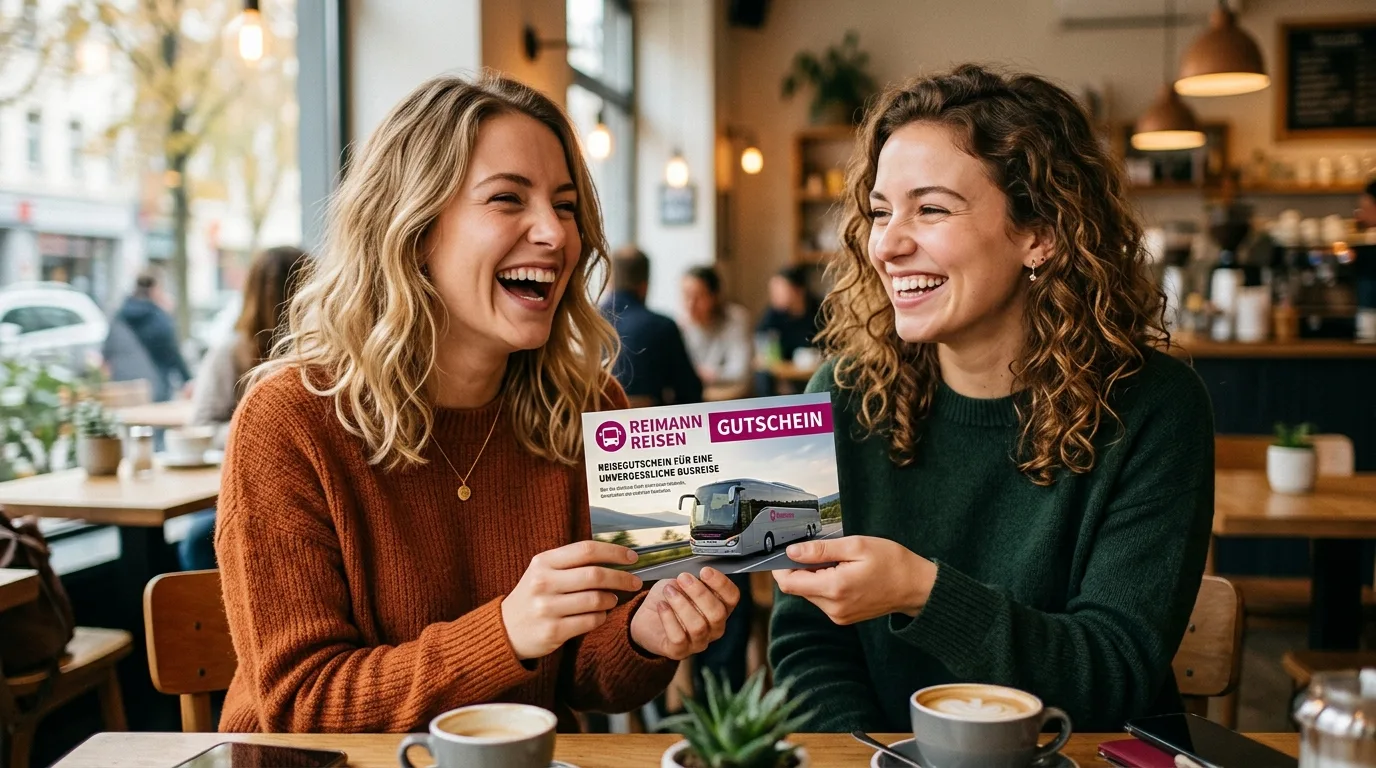 Freunde schenken einen Reisegutschein und l&auml;cheln voller Freude